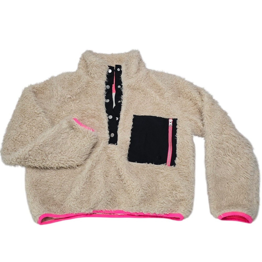 Stance Womens XL Sherpa Fleece Pullover Cream Neon Pink Black Snap Mock Neck